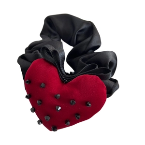 Elegant black satin hair scrunchie with a large red velvet heart and black bead accents