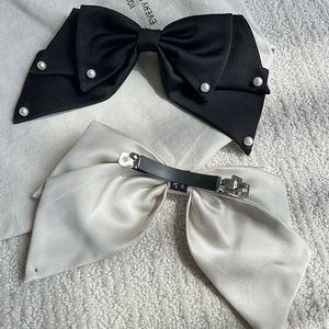 Elegant satin bow hair clip set with pearl accents and durable metal spring clip