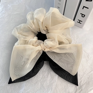 Chouchou élégant en organza avec nœud beige et noir pour accessoires de cheveux