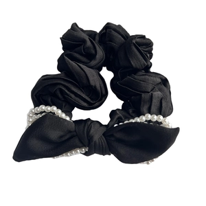 Elegant black satin bow hair tie with white pearls decoration for women hairstyles