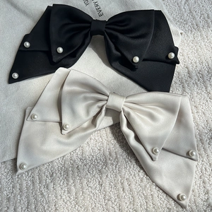 French Style Elegant Satin Large Bow Hair Clip With Faux Artificial Pearl Elegant Spring Clip For Women Hair Accessories