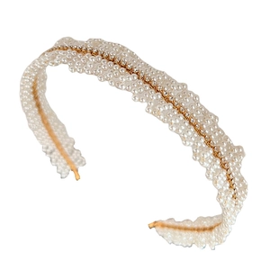 Elegant gold metal headband with white faux pearls and delicate rhinestones in a row