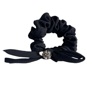 Black fabric bow hair scrunchie with rhinestones and long ribbon streamer for women