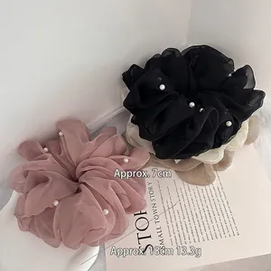 Elegant large mesh hair scrunchie with pearls in multiple colors for women fashion