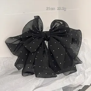 Elegant oversized black chiffon bow hair clip with sparkling rhinestones, 21cm length