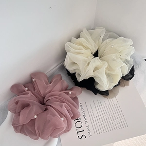 Large Organza Artificial Pearl Scrunchies Elegant Chiffon Fabric Oversized Elastic Hair Ties For Women Daily Commuting Hair Accessories