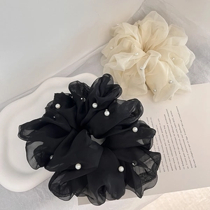 Elegant oversized organza scrunchies with white pearls in black and cream colors