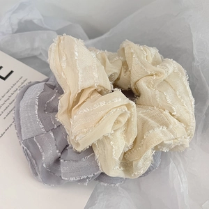 French vintage scrunchies with frayed edges in beige and blue grey chiffon fabric