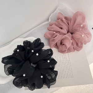 Elegant large mesh hair scrunchies set with pearls in black and pink chiffon colors