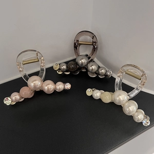 Elegant French Style Acrylic Hair Claw Clip With Faux Artificial Pearls And Rhinestone Transparent Shark Clip For Women Hair Accessory