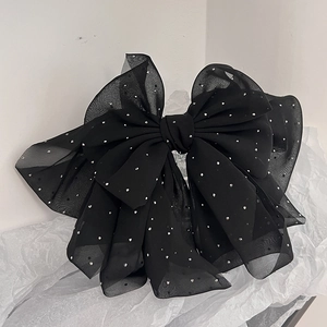 Elegant Black Fabric Mesh Bow Hair Clip Rhinestone Large Spring Clip Oversized Hair Accessories For Wedding Party Women