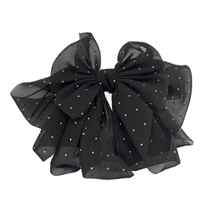 Elegant large black chiffon bow hair clip with sparkling rhinestones for women