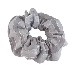 French vintage grey scrunchie hair tie with pleated chiffon texture and fringe edges