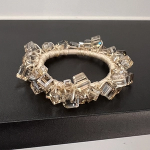 Handcrafted champagne crystal elastic hair tie with woven beads and square crystals