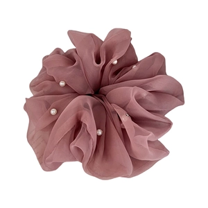 Elegant large dusty pink scrunchie with white pearls in soft ruffled chiffon fabric