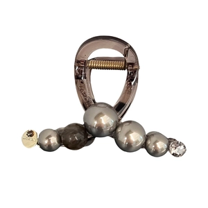 Premium translucent brown hair claw clip with elegant grey faux pearls and zircon accents