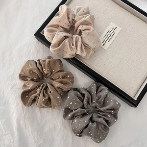 Three premium velvet hair scrunchies with crystal rhinestones in champagne and grey