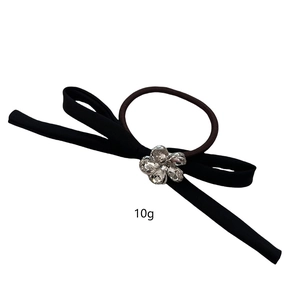 Classic black satin bow hair tie with a sparkling five-petal crystal flower decoration