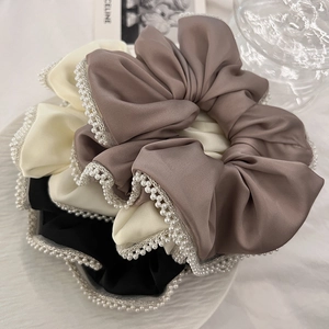 Elegant Satin Scrunchie With Faux Artificial Pearl Edging Korean Style Large Fabric Hair Tie Ponytail Holder For Women Daily Decor
