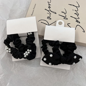 Chouchous Élégants en Satin Noir Style Coréen Élastiques à Cheveux en Tissu Avec Décoration de Nœud en Fausse Künstliche Perle