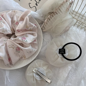 Elegant pink floral fabric hair claw clip and chiffon scrunchie accessory set for women