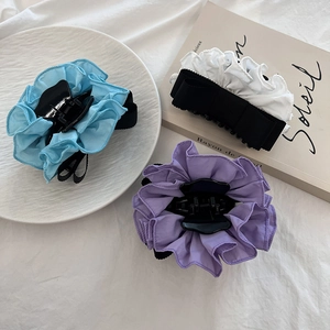 Elegant large fabric flower hair claws in sky blue, lavender and black-white ruffle design