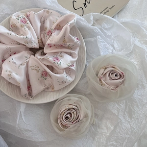Elegant floral fabric hair claw clip and rose scrunchie set in soft pink for women