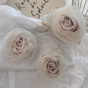 Elegant floral rose hair claw clip in cream organza with pink floral fabric accents