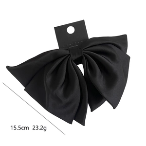 Elegant 15.5cm large black satin bow hair clip with a minimalist double-layered silk design