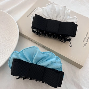 Elegant Korean style large bow hair claws with pleated fabric edges for thick hair styling