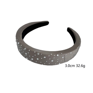 Fashionable taupe faux leather headband with white rhinestones and 3.0cm wide sponge design
