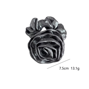 Elegant metallic grey rose fabric scrunchie with layered flower design 7.5cm