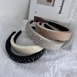 French sponge headbands with rhinestones in black, beige, and taupe satin fabric