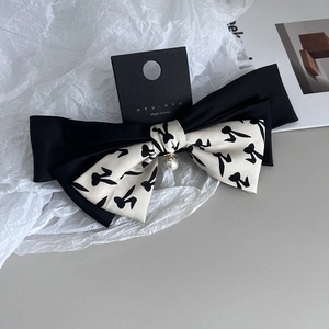 Elegant Bow Hair Clip For Women Fabric Contrast Color Rabbit Print Spring Clip With Artificial Pearl Pendant Korean Style Hairpin