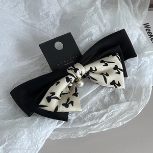 Elegant Korean style double layer bow hair clip with cute rabbit print and pearl pendant