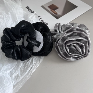 Elegant satin hair scrunchie set featuring a 3D silver rose and black handmade scrunchie