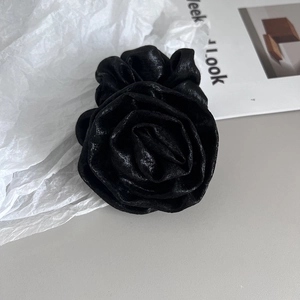 Elegant black silk rose flower hair scrunchie with a vintage French satin fabric texture
