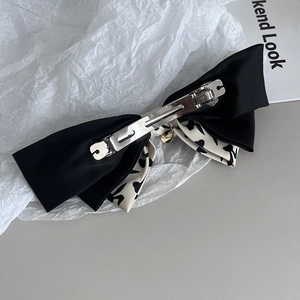 Elegant Korean style layered fabric bow hair clip with silver metal spring fastener