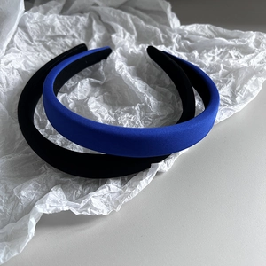 Padded wide headband set in black and royal blue satin fabric for high skull top look