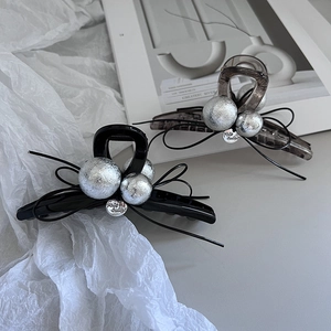 French Retro Bow Hair Claw Clip Resin Shark Clip With Silver Beads Decorative Hair Accessory For Women Styling Thick Hair