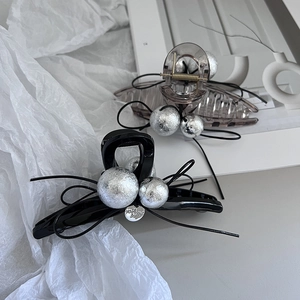 Elegant large hair claw clips with metallic beads and rope bows in black and grey
