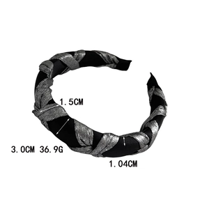 Vintage braided sponge headband with black silk and silver metallic weave for women