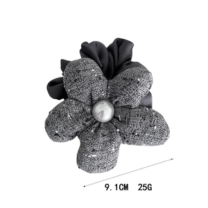 Grey tweed flower hair tie with pearl center 9.1cm diameter 25g weight accessory