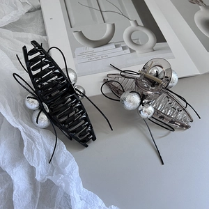Elegant bow hair clips with silver beads set, black and translucent grey hair accessories