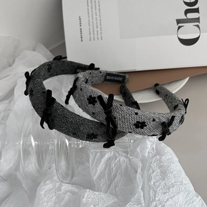 Elegant tweed headband with black velvet bows for women, handmade minimalist hair accessory