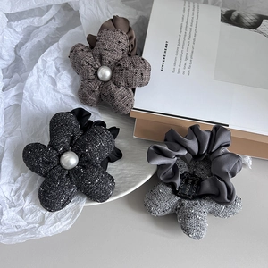 Elegant tweed and silk flower hair scrunchie with a central pearl accent for women