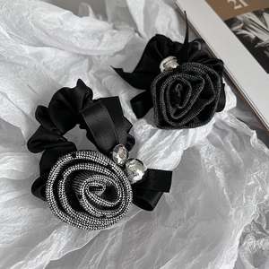 Elegant Rose Flower Bow Scrunchie Satin Tweed Fabric Rhinestone High Elasticity Vintage Camellia Hair Tie For Women Hair Decor