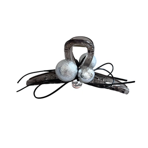 Elegant large bow hair claw clip with silver beads and dark grey translucent finish