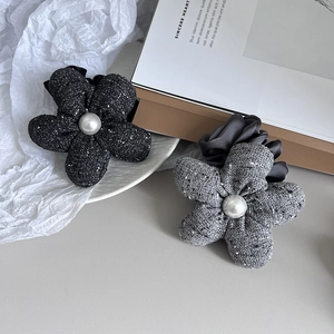 Elegant tweed flower hair scrunchies with faux pearls in grey and black colors