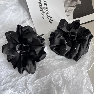 Large Black Pleated Fabric Flower Hair Claw Clip Elegant Satin Shark Clip With Rhinestone For Women Hair Accessories